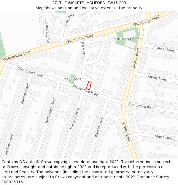 27, THE WICKETS, ASHFORD, TW15 2RR: Location map and indicative extent of plot