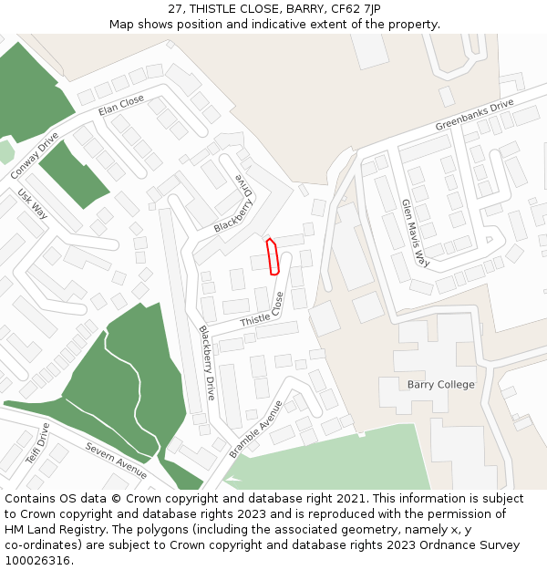 27, THISTLE CLOSE, BARRY, CF62 7JP: Location map and indicative extent of plot