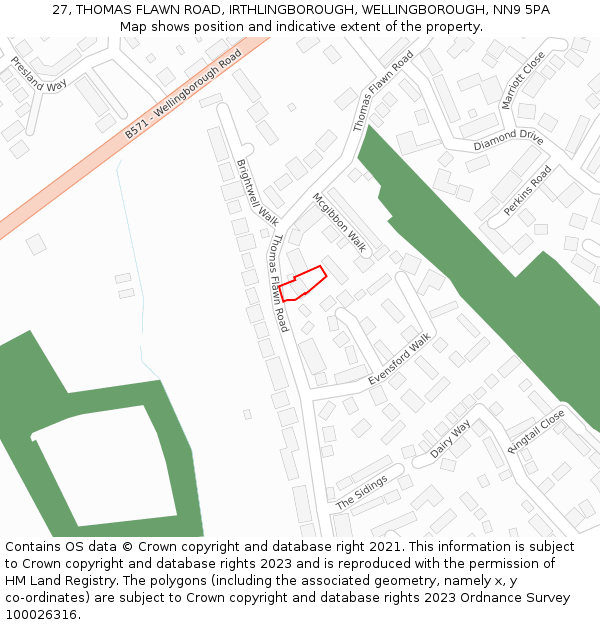 27, THOMAS FLAWN ROAD, IRTHLINGBOROUGH, WELLINGBOROUGH, NN9 5PA: Location map and indicative extent of plot