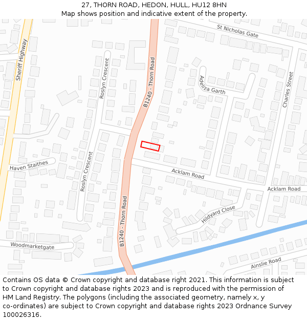 27, THORN ROAD, HEDON, HULL, HU12 8HN: Location map and indicative extent of plot