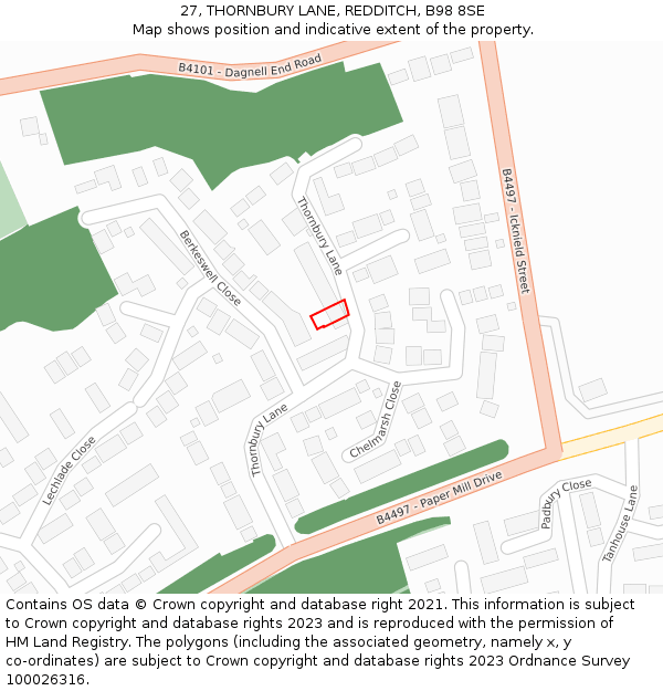 27, THORNBURY LANE, REDDITCH, B98 8SE: Location map and indicative extent of plot