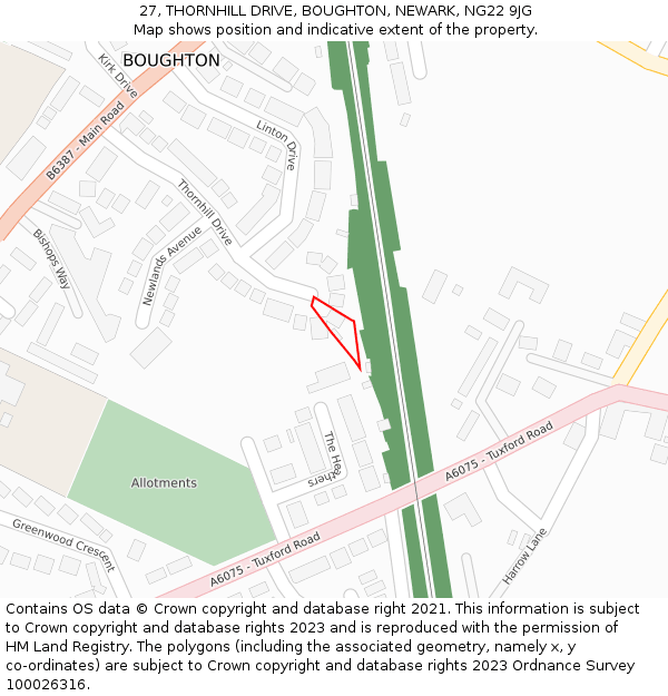 27, THORNHILL DRIVE, BOUGHTON, NEWARK, NG22 9JG: Location map and indicative extent of plot