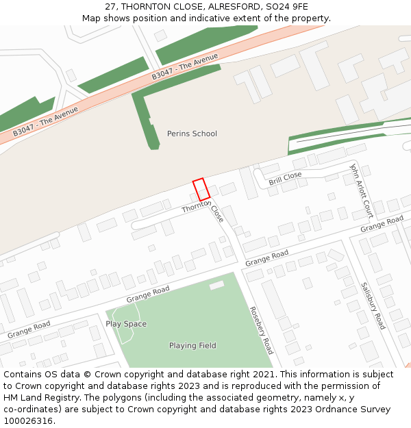 27, THORNTON CLOSE, ALRESFORD, SO24 9FE: Location map and indicative extent of plot
