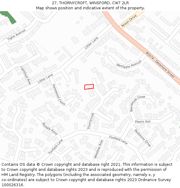 27, THORNYCROFT, WINSFORD, CW7 2LR: Location map and indicative extent of plot
