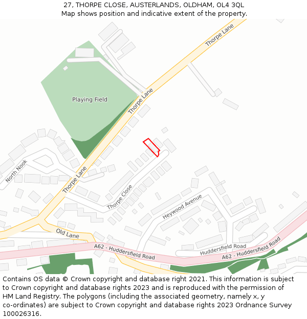 27, THORPE CLOSE, AUSTERLANDS, OLDHAM, OL4 3QL: Location map and indicative extent of plot