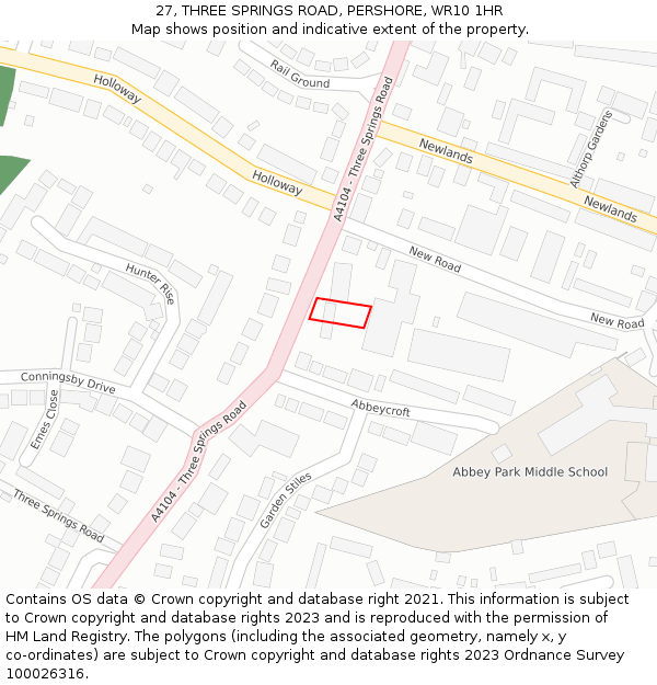 27, THREE SPRINGS ROAD, PERSHORE, WR10 1HR: Location map and indicative extent of plot