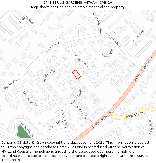 27, TIBERIUS GARDENS, WITHAM, CM8 1HJ: Location map and indicative extent of plot