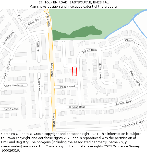 27, TOLKIEN ROAD, EASTBOURNE, BN23 7AL: Location map and indicative extent of plot