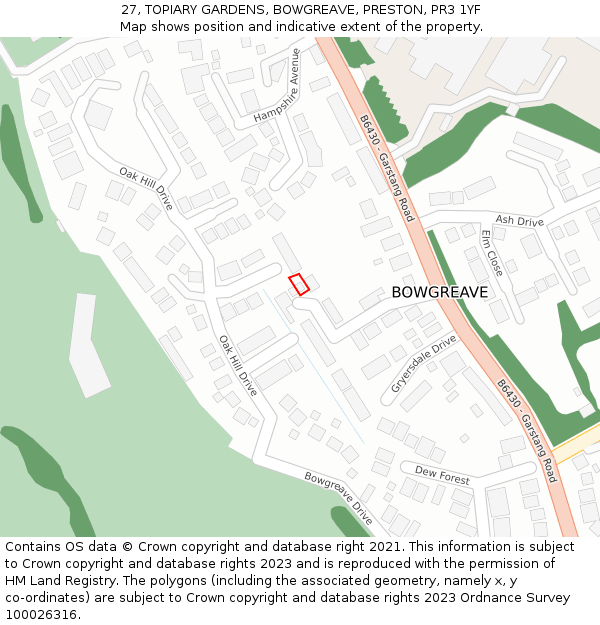 27, TOPIARY GARDENS, BOWGREAVE, PRESTON, PR3 1YF: Location map and indicative extent of plot