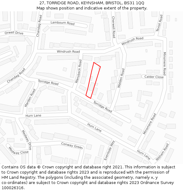 27, TORRIDGE ROAD, KEYNSHAM, BRISTOL, BS31 1QQ: Location map and indicative extent of plot