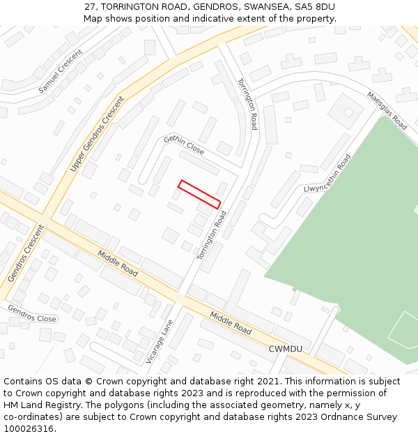 27, TORRINGTON ROAD, GENDROS, SWANSEA, SA5 8DU: Location map and indicative extent of plot