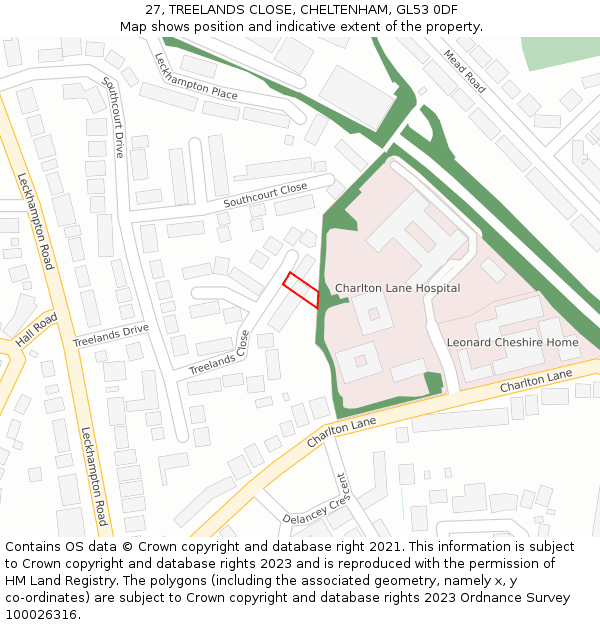 27, TREELANDS CLOSE, CHELTENHAM, GL53 0DF: Location map and indicative extent of plot