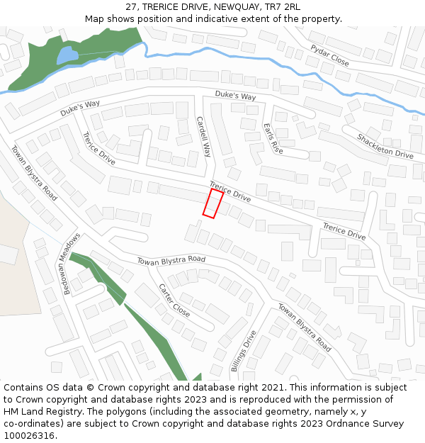 27, TRERICE DRIVE, NEWQUAY, TR7 2RL: Location map and indicative extent of plot