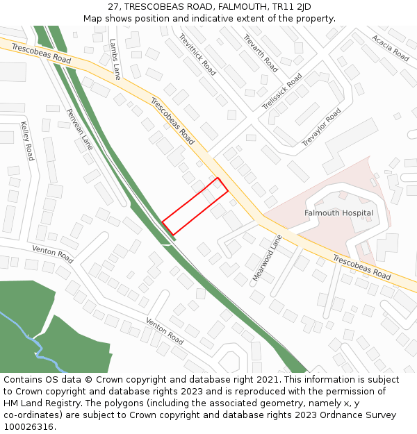 27, TRESCOBEAS ROAD, FALMOUTH, TR11 2JD: Location map and indicative extent of plot