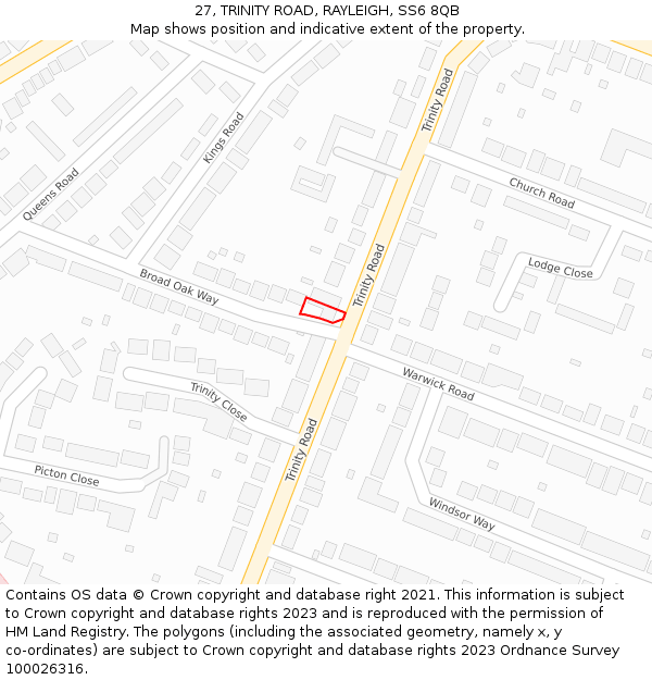 27, TRINITY ROAD, RAYLEIGH, SS6 8QB: Location map and indicative extent of plot