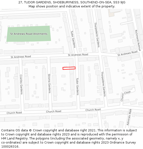 27, TUDOR GARDENS, SHOEBURYNESS, SOUTHEND-ON-SEA, SS3 9JG: Location map and indicative extent of plot
