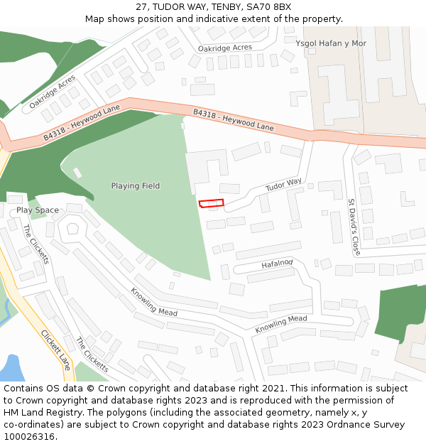 27, TUDOR WAY, TENBY, SA70 8BX: Location map and indicative extent of plot