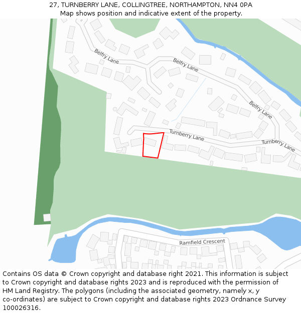 27, TURNBERRY LANE, COLLINGTREE, NORTHAMPTON, NN4 0PA: Location map and indicative extent of plot