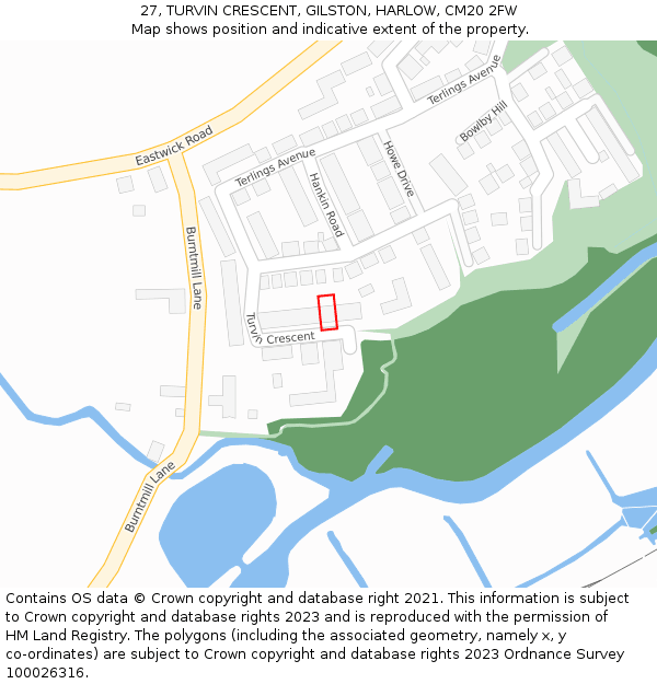 27, TURVIN CRESCENT, GILSTON, HARLOW, CM20 2FW: Location map and indicative extent of plot