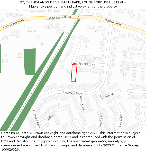 27, TWENTYLANDS DRIVE, EAST LEAKE, LOUGHBOROUGH, LE12 6LH: Location map and indicative extent of plot