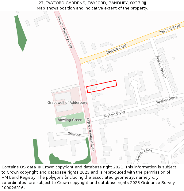 27, TWYFORD GARDENS, TWYFORD, BANBURY, OX17 3JJ: Location map and indicative extent of plot