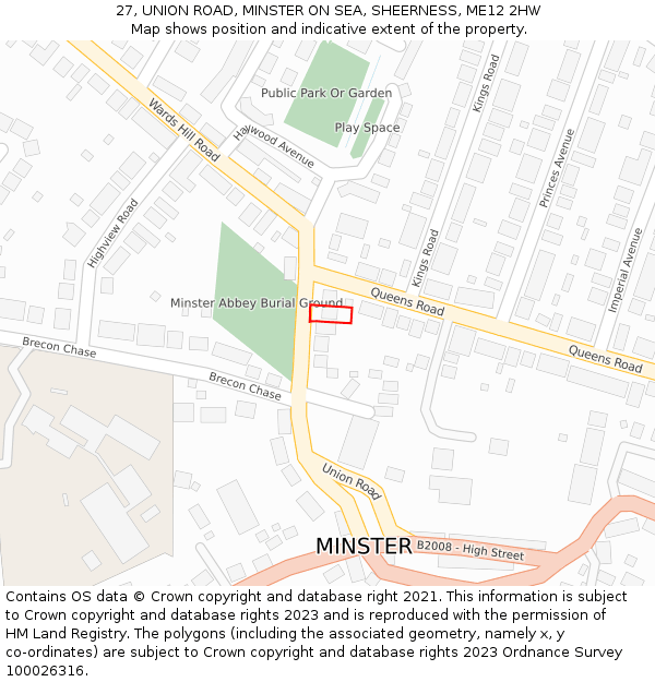 27, UNION ROAD, MINSTER ON SEA, SHEERNESS, ME12 2HW: Location map and indicative extent of plot
