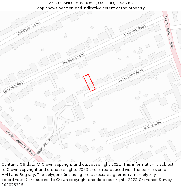 27, UPLAND PARK ROAD, OXFORD, OX2 7RU: Location map and indicative extent of plot