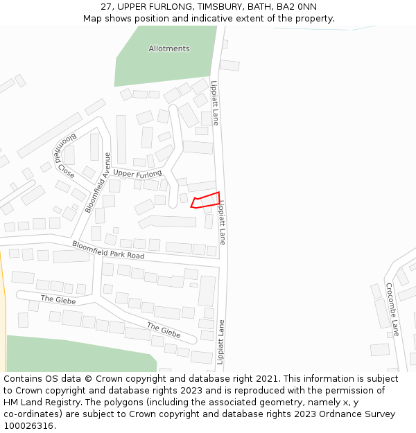 27, UPPER FURLONG, TIMSBURY, BATH, BA2 0NN: Location map and indicative extent of plot