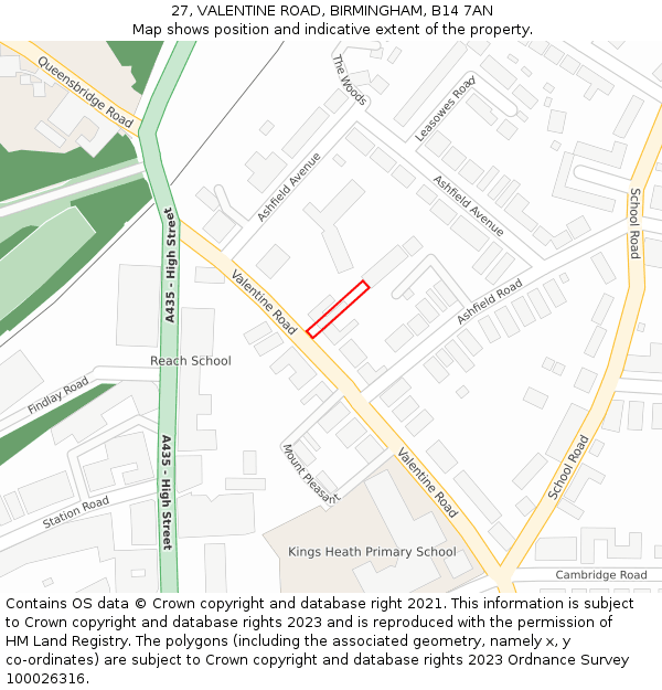 27, VALENTINE ROAD, BIRMINGHAM, B14 7AN: Location map and indicative extent of plot