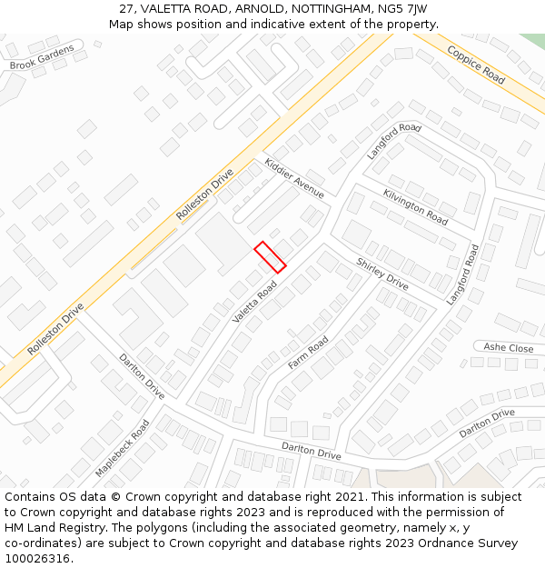 27, VALETTA ROAD, ARNOLD, NOTTINGHAM, NG5 7JW: Location map and indicative extent of plot