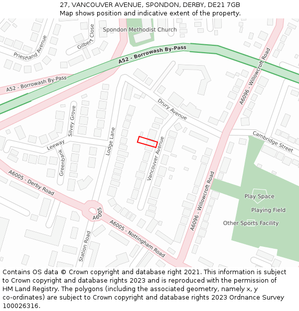 27, VANCOUVER AVENUE, SPONDON, DERBY, DE21 7GB: Location map and indicative extent of plot