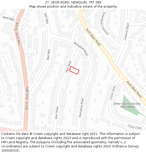 27, VEOR ROAD, NEWQUAY, TR7 3BX: Location map and indicative extent of plot