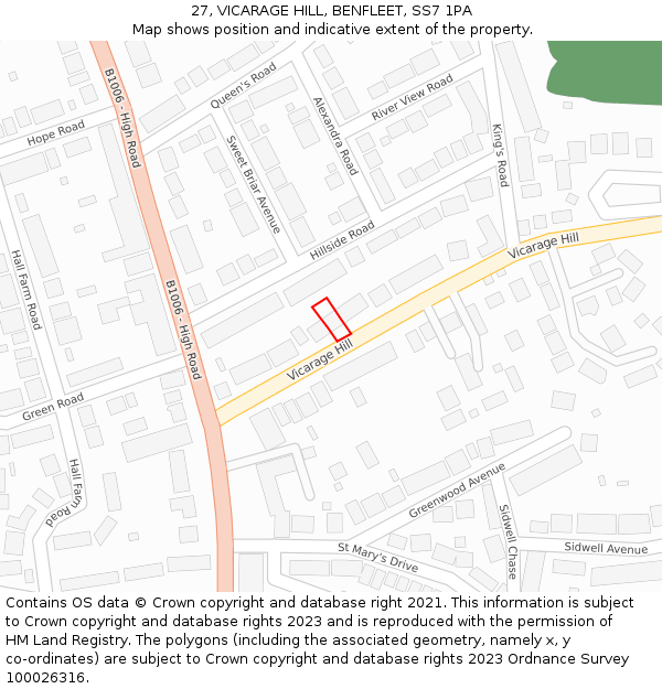 27, VICARAGE HILL, BENFLEET, SS7 1PA: Location map and indicative extent of plot