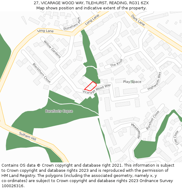 27, VICARAGE WOOD WAY, TILEHURST, READING, RG31 6ZX: Location map and indicative extent of plot