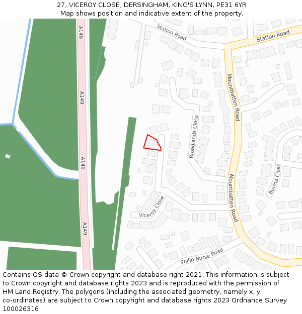 27, VICEROY CLOSE, DERSINGHAM, KING'S LYNN, PE31 6YR: Location map and indicative extent of plot