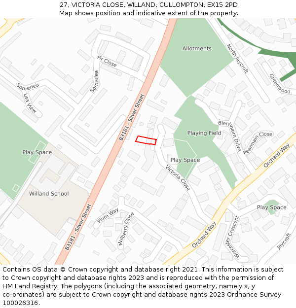 27, VICTORIA CLOSE, WILLAND, CULLOMPTON, EX15 2PD: Location map and indicative extent of plot