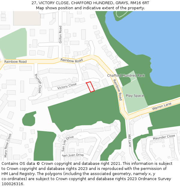 27, VICTORY CLOSE, CHAFFORD HUNDRED, GRAYS, RM16 6RT: Location map and indicative extent of plot