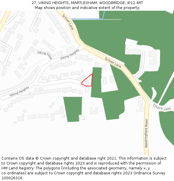 27, VIKING HEIGHTS, MARTLESHAM, WOODBRIDGE, IP12 4RT: Location map and indicative extent of plot
