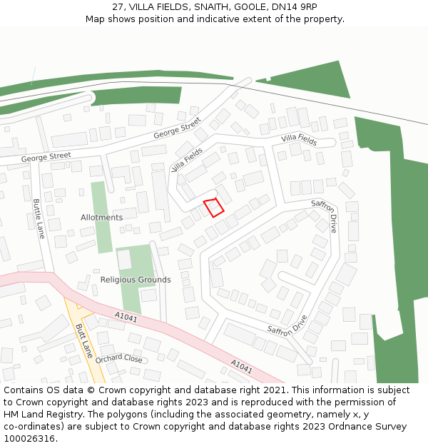 27, VILLA FIELDS, SNAITH, GOOLE, DN14 9RP: Location map and indicative extent of plot