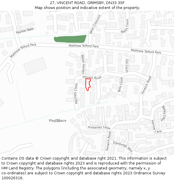 27, VINCENT ROAD, GRIMSBY, DN33 3SF: Location map and indicative extent of plot