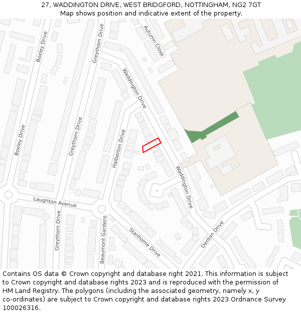 27, WADDINGTON DRIVE, WEST BRIDGFORD, NOTTINGHAM, NG2 7GT: Location map and indicative extent of plot