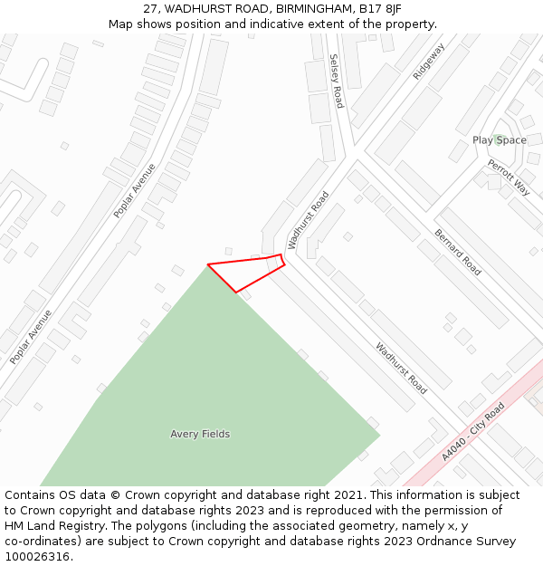 27, WADHURST ROAD, BIRMINGHAM, B17 8JF: Location map and indicative extent of plot