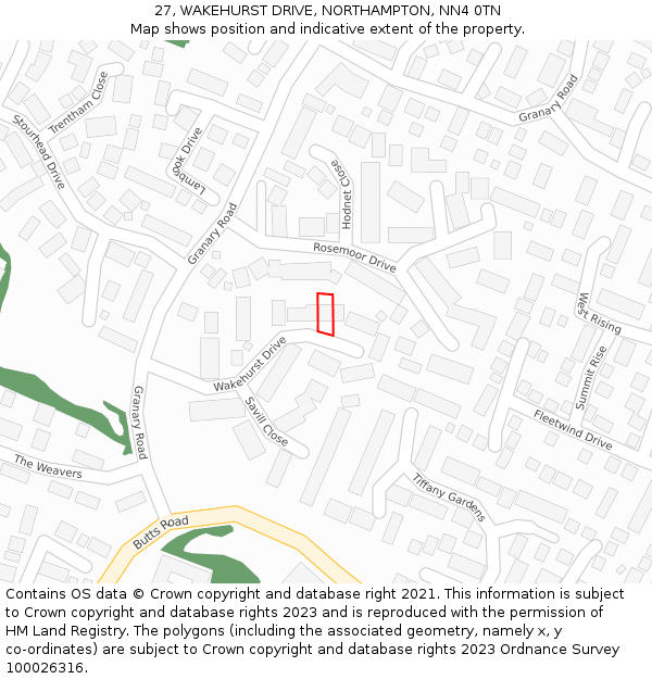 27, WAKEHURST DRIVE, NORTHAMPTON, NN4 0TN: Location map and indicative extent of plot