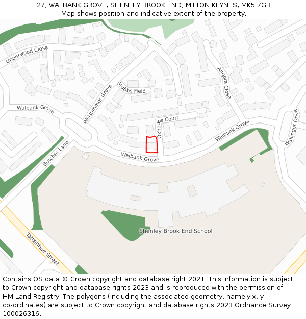 27, WALBANK GROVE, SHENLEY BROOK END, MILTON KEYNES, MK5 7GB: Location map and indicative extent of plot