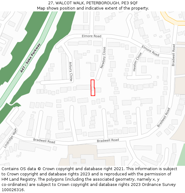 27, WALCOT WALK, PETERBOROUGH, PE3 9QF: Location map and indicative extent of plot