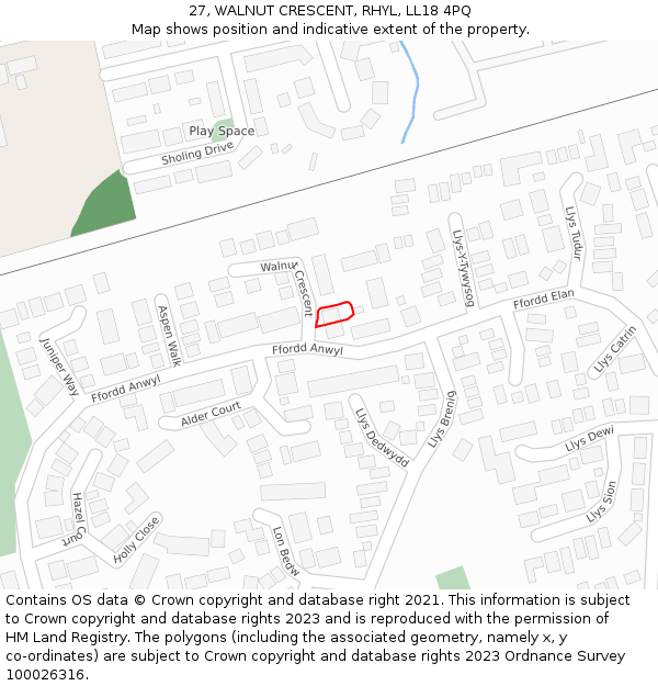 27, WALNUT CRESCENT, RHYL, LL18 4PQ: Location map and indicative extent of plot