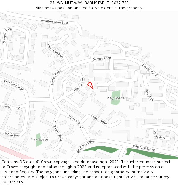 27, WALNUT WAY, BARNSTAPLE, EX32 7RF: Location map and indicative extent of plot