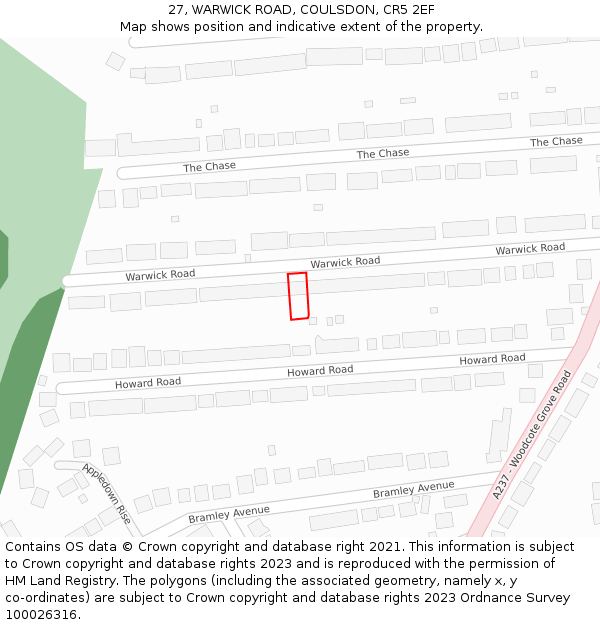 27, WARWICK ROAD, COULSDON, CR5 2EF: Location map and indicative extent of plot