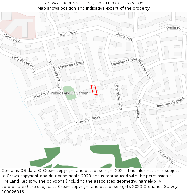 27, WATERCRESS CLOSE, HARTLEPOOL, TS26 0QY: Location map and indicative extent of plot