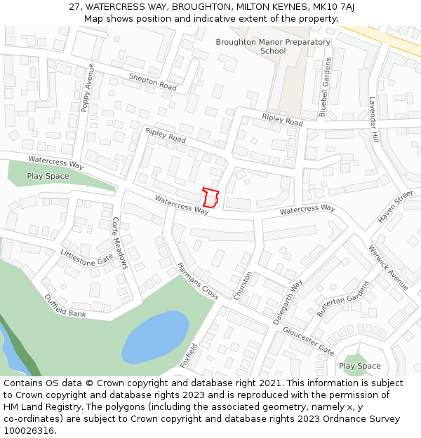 27, WATERCRESS WAY, BROUGHTON, MILTON KEYNES, MK10 7AJ: Location map and indicative extent of plot